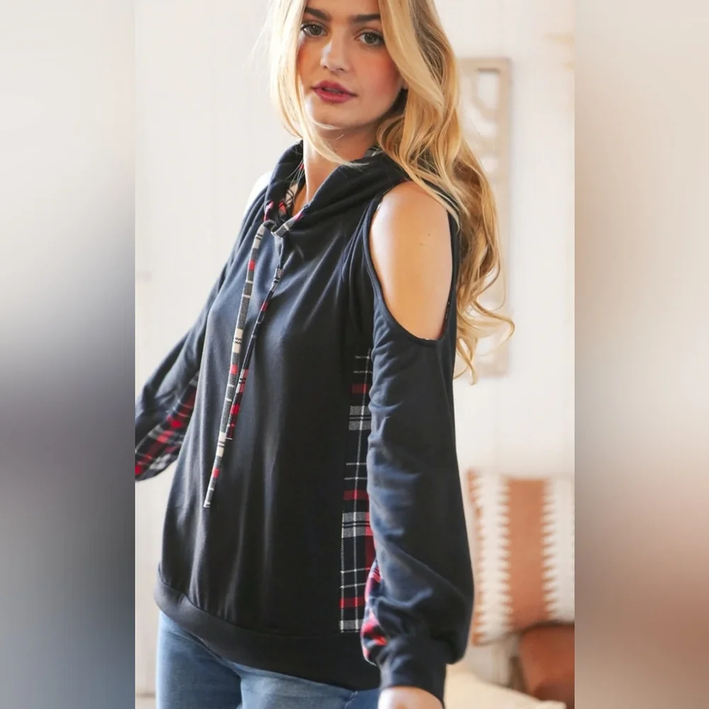 Black Plaid Long Sleeve Hooded Top - Picture 2 of 2